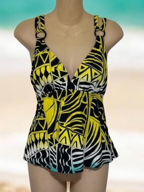 Contour Yellow, Black & White Patterned V-Neck Tankini Top